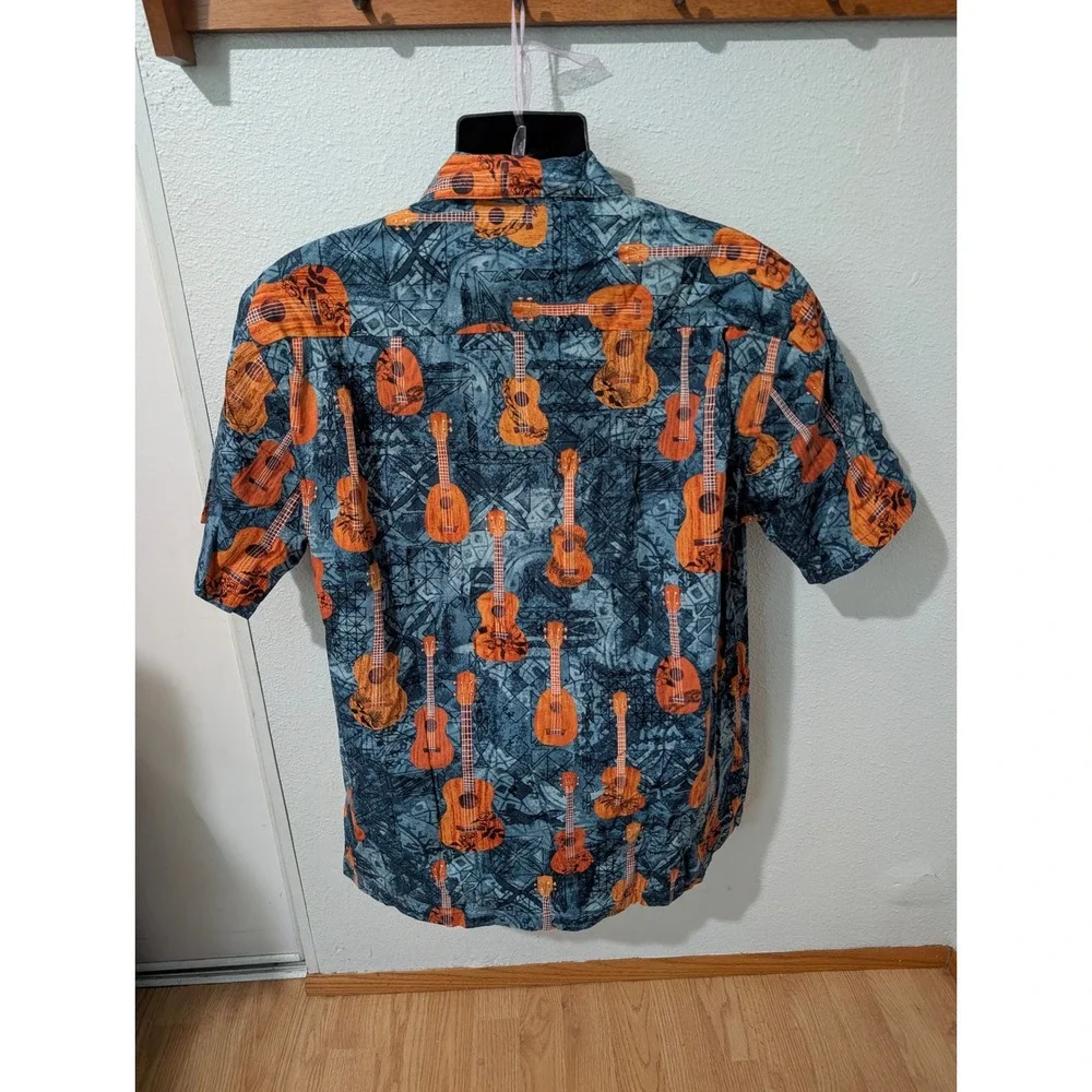 Hilo‎ Hattie Hawaiian Shirt Mens M Blue Orange Ukulele Made in Hawaii 100%Cotton